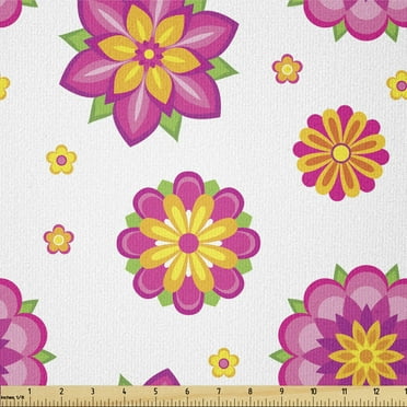 Orange and Pink Fabric by The Yard, Ornamental Flowers with Blooming Petals Spring Season Theme, Stretch Knit Fabric for Clothing Sewing and Arts Crafts, 1 Yard, Pink Orange, by Ambesonne