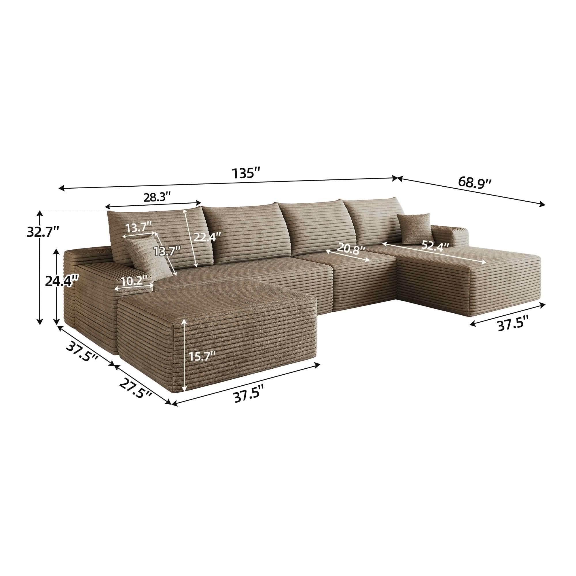 MAYEERTY 135 Inch L‑Shape Cloud Sectional Couch with Chaise, Modern Modular Deep‑Seat Sofa, Plush Corduroy Upholstered Couch, No Assembly Required for Living Room Bedroom Apartment