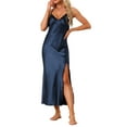 thumbnail image 2 of INSPIRE CHIC Women's Satin Long Sleep Dress Sleeveless Lace Night Shirt V Neck Nightgown S Navy Blue, 2 of 6
