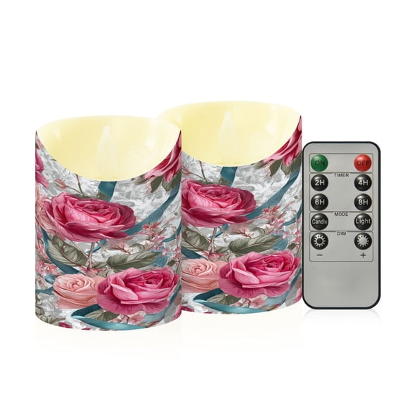 2 PCS Tilted Flameless Candles Flickering LED Lights Battery Operated Candles with Remote Timers for Holiday Decor Roses and Ribbons
