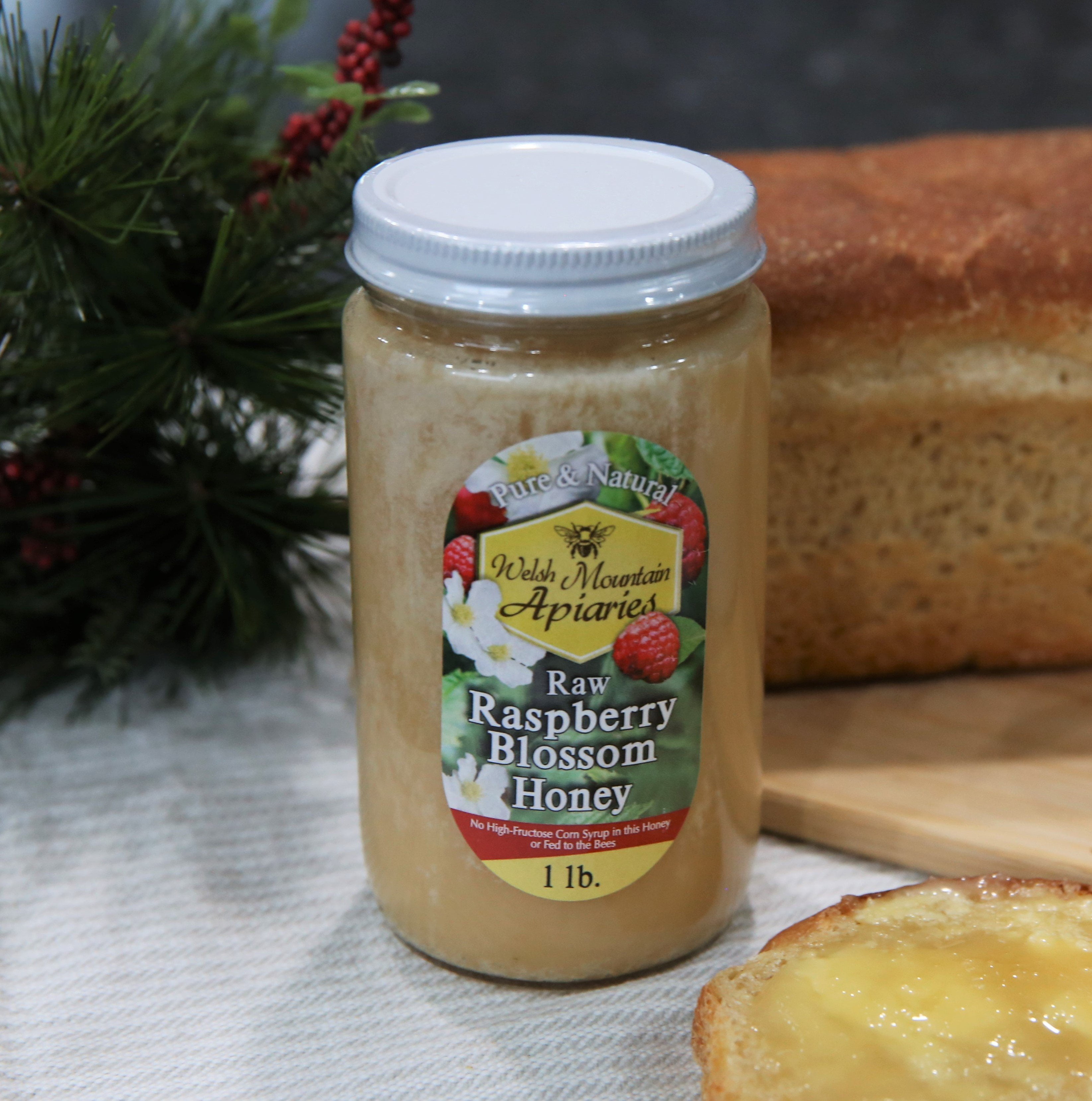 Raspberry Blossom Honey by Welsh Mountain Apiaries, Raw and Unfiltered, Wild Foraged Honey, 16 Ounce Jar
