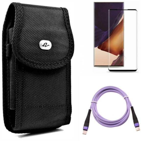 Screen Protector & Purple 10ft PD Cable & Case Belt Clip for Samsung Galaxy Note 20 Ultra (6.9") - Combo with Tempered Glass (Fingerprint Unlock) & Type-C to USB-C Fast Charger Cord & Rugged Holster