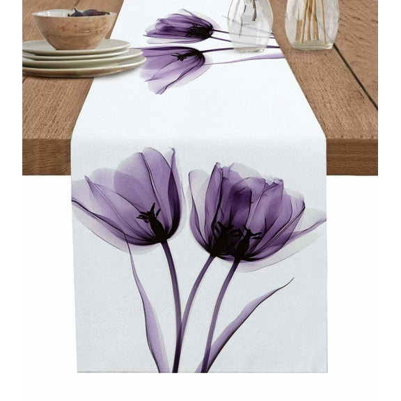 Table Runner Dresser Scarf 16 x 72 Inch Spring X-ray Image of Purple Tulip Flower Table Runners Non-Slip Heat Kitchen Dining Table Decor for Indoor Outdoor Home Party Decoration