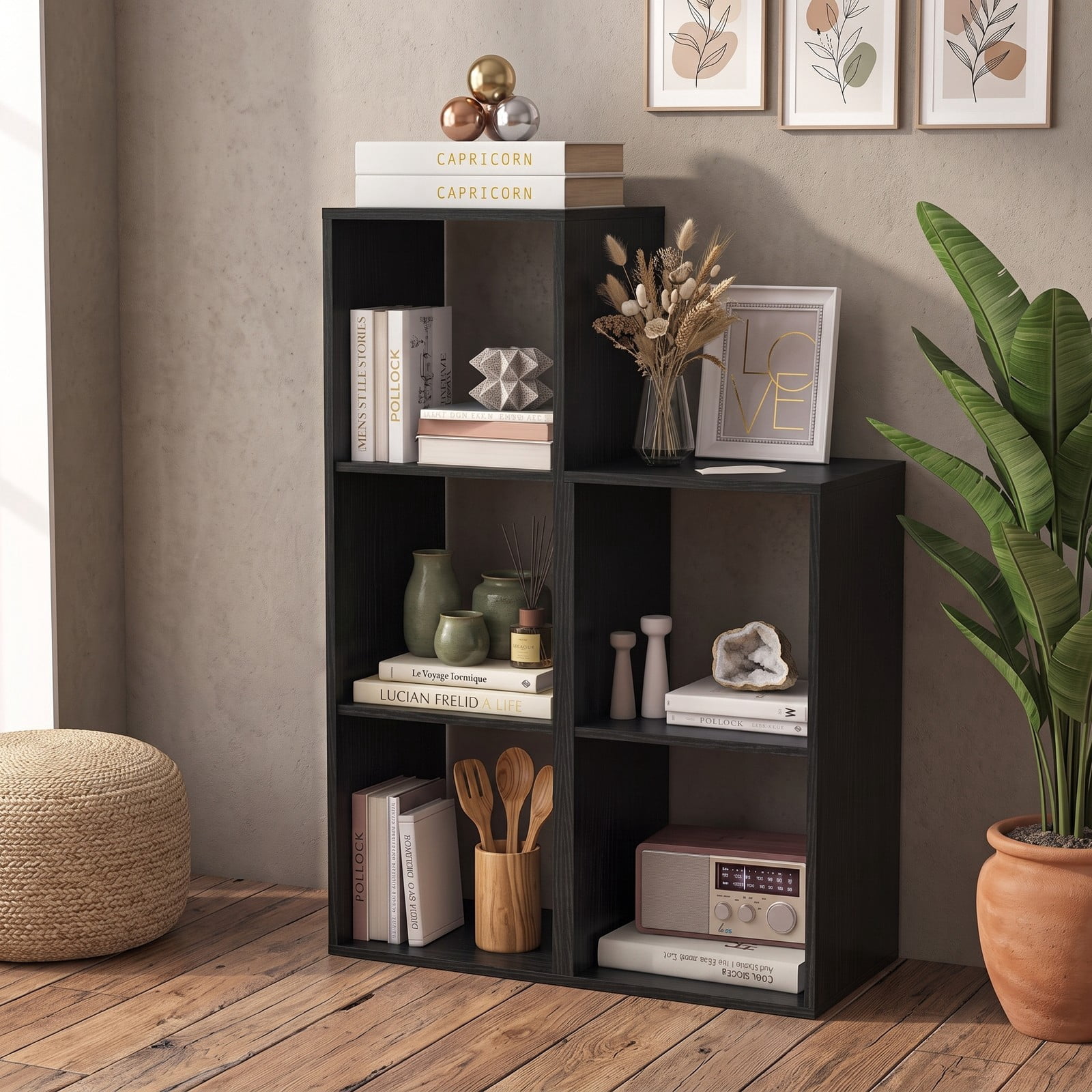 Furnibear 3 Cube Bookshelf with Back Guardrail, Engineered Wood Cube Storage Organizer Bookcase Display Shelf for Living Room Bedroom Home Office with, Black