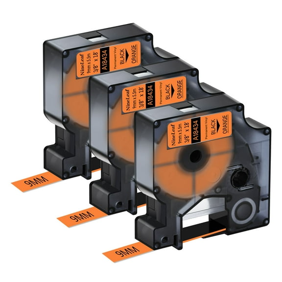 NineLeaf 3PK Compatible for DYMO 18434 3/8" x 18' (9mm x 5.5m) Black on Orange Industrial Vinyl Label Maker Tape for Rhino 4200 5200 Label Maker