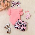 thumbnail image 4 of KPOPLK Baby Girl 3Pcs Summer Set Pattern Romper Bodysuit with Camouflage Shorts and Bow Headband Cute Casual Outfit for Infant Girls(0-3 Months,Pink), 4 of 4