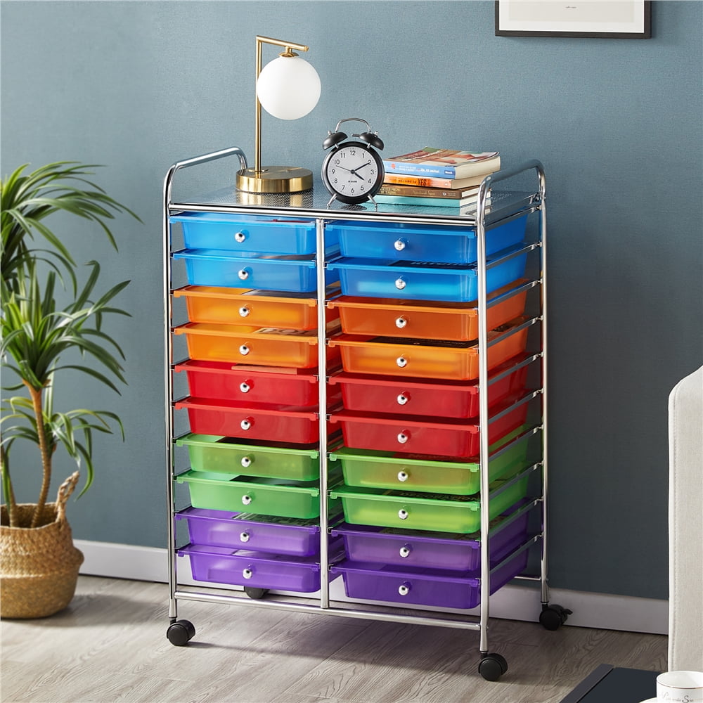 Alden Design 20-Drawer Metal Frame Storage Cart Rolling Bin with Lockable Wheels, Multicolor