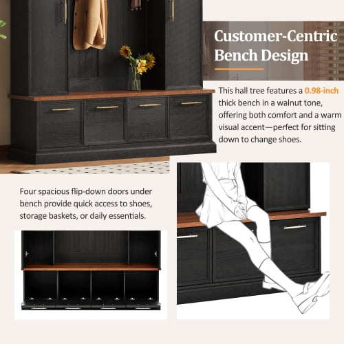 4-in-1 Farmhouse Hall Tree with Bench, Golden Hooks & Handles, Adjustable Shelves, Entryway Coat & Shoe Rack for Mudroom, Black