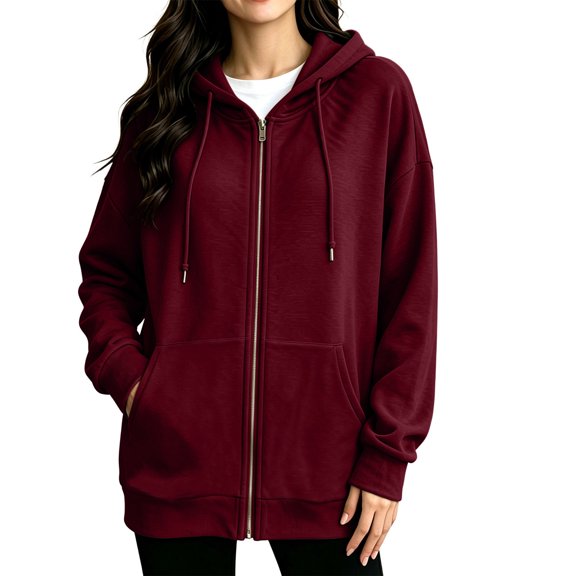 Atogsazn Womens Fleece Oversized Hoodies Casual Full Zip Long Sleeve Hooded Sweatshirt Fall Winter Tops Wine M Fashion