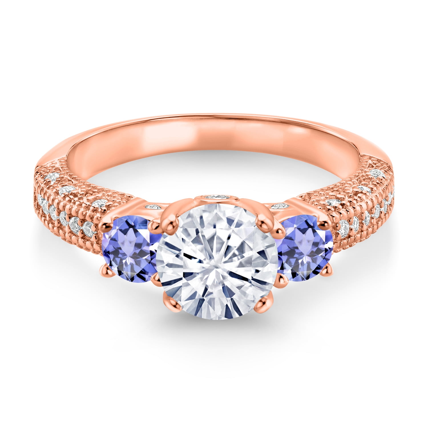 Gem Stone King 18K Rose Gold Plated Silver White Moissanite and Blue Tanzanite Engagement Ring for Women (1.88 Cttw, Gemstone, Round 7MM and 4MM, Size 6)