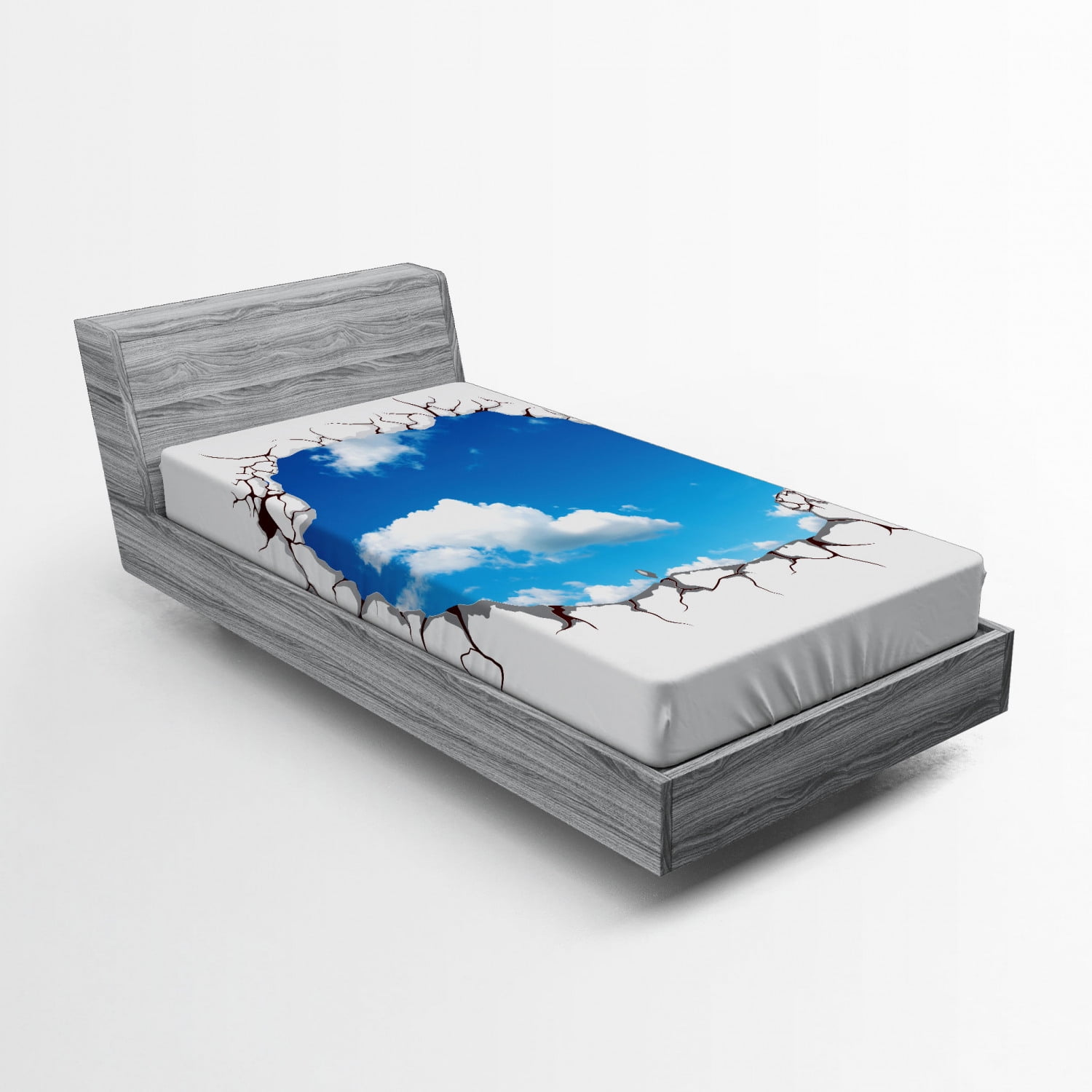 Sky Fitted Sheet, Summer Sky with Fluffy Clouds Scene from a Cracked ...