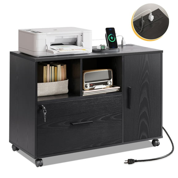 GALAXHERO File Cabinet with Charging Station, 1-Drawer Lateral File Cabinet with Lock for Home Office, Wooden Rolling Printer Stand with Shelves, Black
