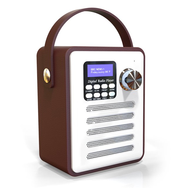 Reproductor DAB H6 con diseño retro, materiales de madera y ABS, compatible con Bluetooth, FM, TF y AUX, altavoz de 5W, ideal para uso portátil y actividades al aire libre.