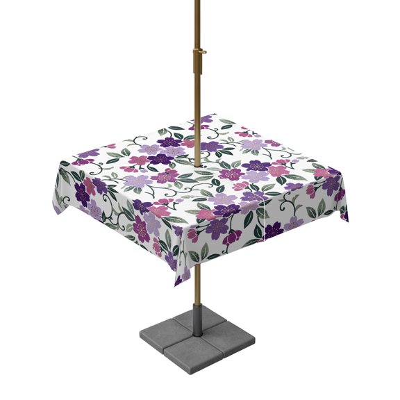 Square Outdoor Tablecloth with Umbrella Hole Purple Plum Blossoms Outside Table Cloth Waterproof Patio Table Cover Vintage Farmhouse Flower Watercolor Zipper Tablecloths for Picnic Camping 54x54 Inch