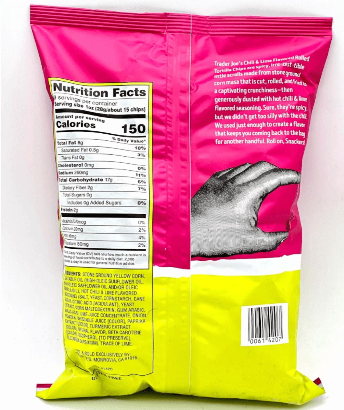 Trader Joe's Rolled Corn Tortilla Chips Chili & Lime Flavored - Pack of 2 with Bonus Bag Clip
