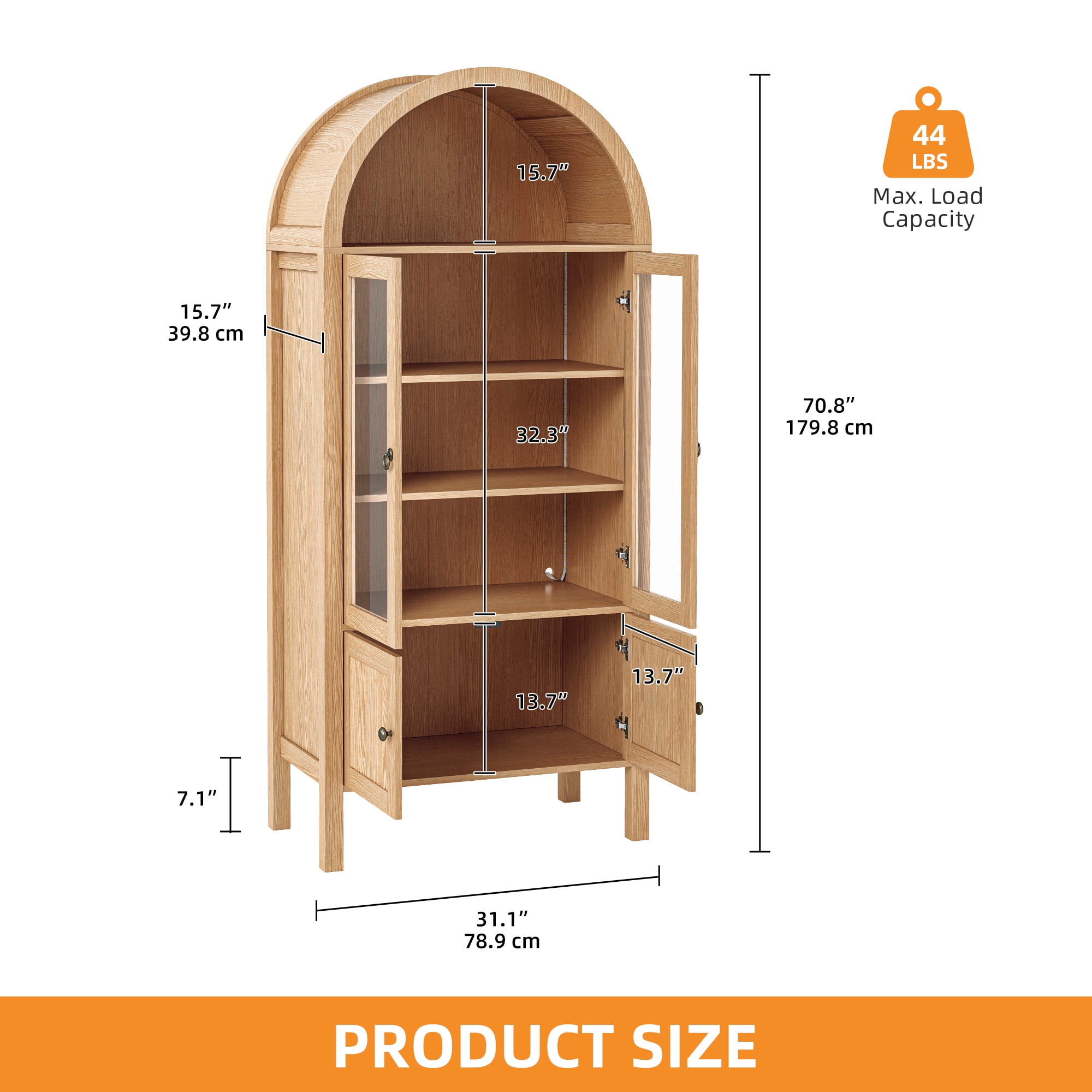 Craftian Arched Kitchen Pantry Storage Cabinet with LED Lights & Glass Doors, Display Cabinet, Natural