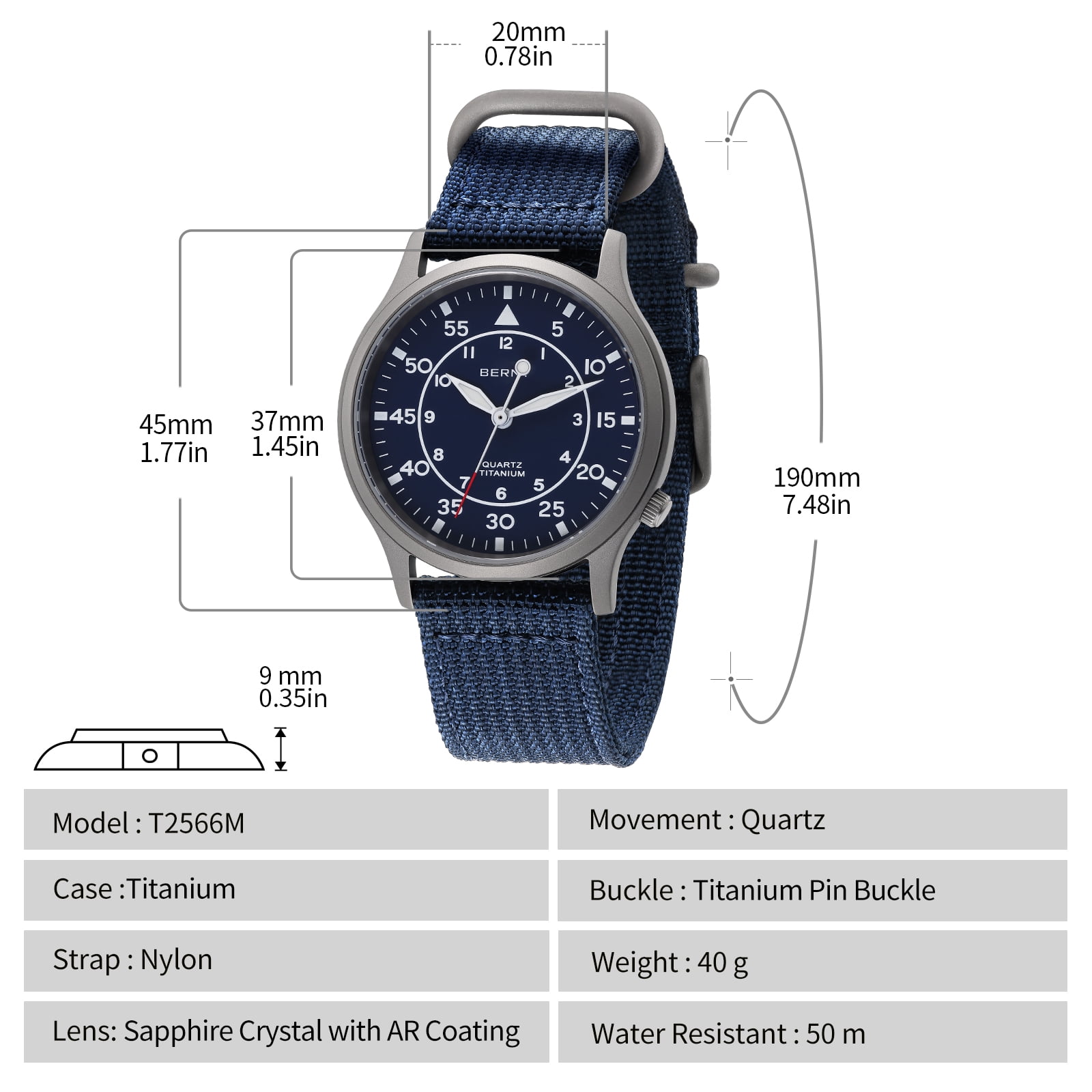 BERNY Titanium Watches for Men, Sport Military Men Watch with Canvas Strap, Japanese Quartz Movement, Super Luminous, Fashion Men's Field Watch, Casual 5ATM Waterproof Army Wristwatch, Blue