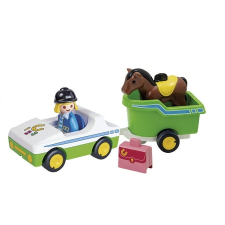 UPC: 4008789701817 | PLAYMOBIL 1.2.3 Car with Horse Trailer Car Vehicle Playset (5 Pieces)