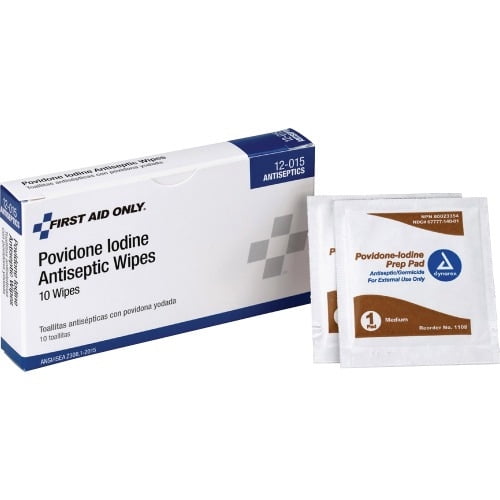 First Aid Only Povidone Iodine Antiseptic Wipes 2.3' Height x 0.8' Width x 4' Depth - 10 / Box