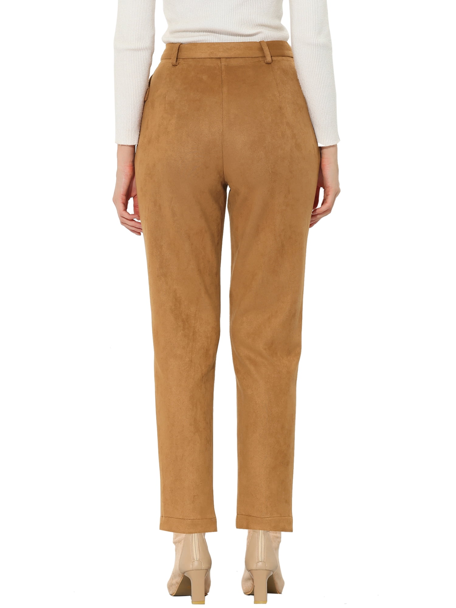 Unique Bargains Women's Faux Suede High Waist Belted Straight Legs Pants S Brown