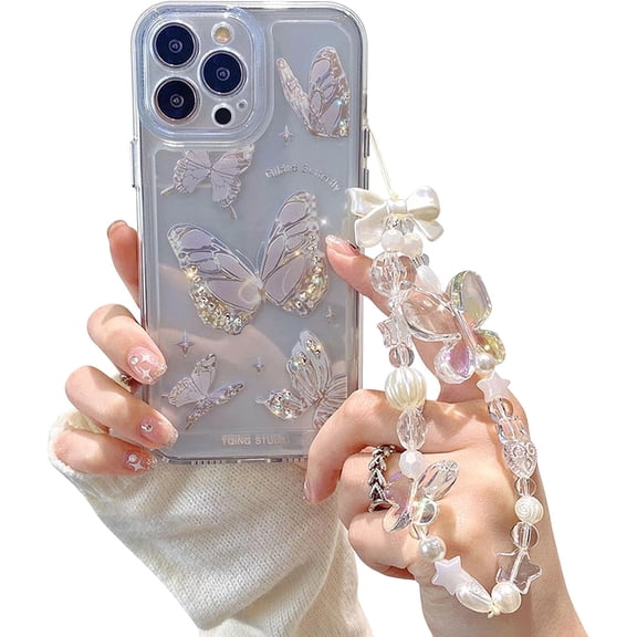 Compatible for iPhone 14 Pro Max Case Cute Butterfly Pattern Clear Design Aesthetic Women Teen Girls Glitter Pretty Crystal Sparkle Sparkly Phone Cases Protective Cover Butterfly Chain