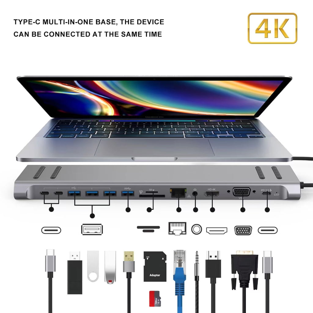 Gieenan Laptop USB C Docking Station 14Port Type C Hubs With HDMIs VGA And Card Slots