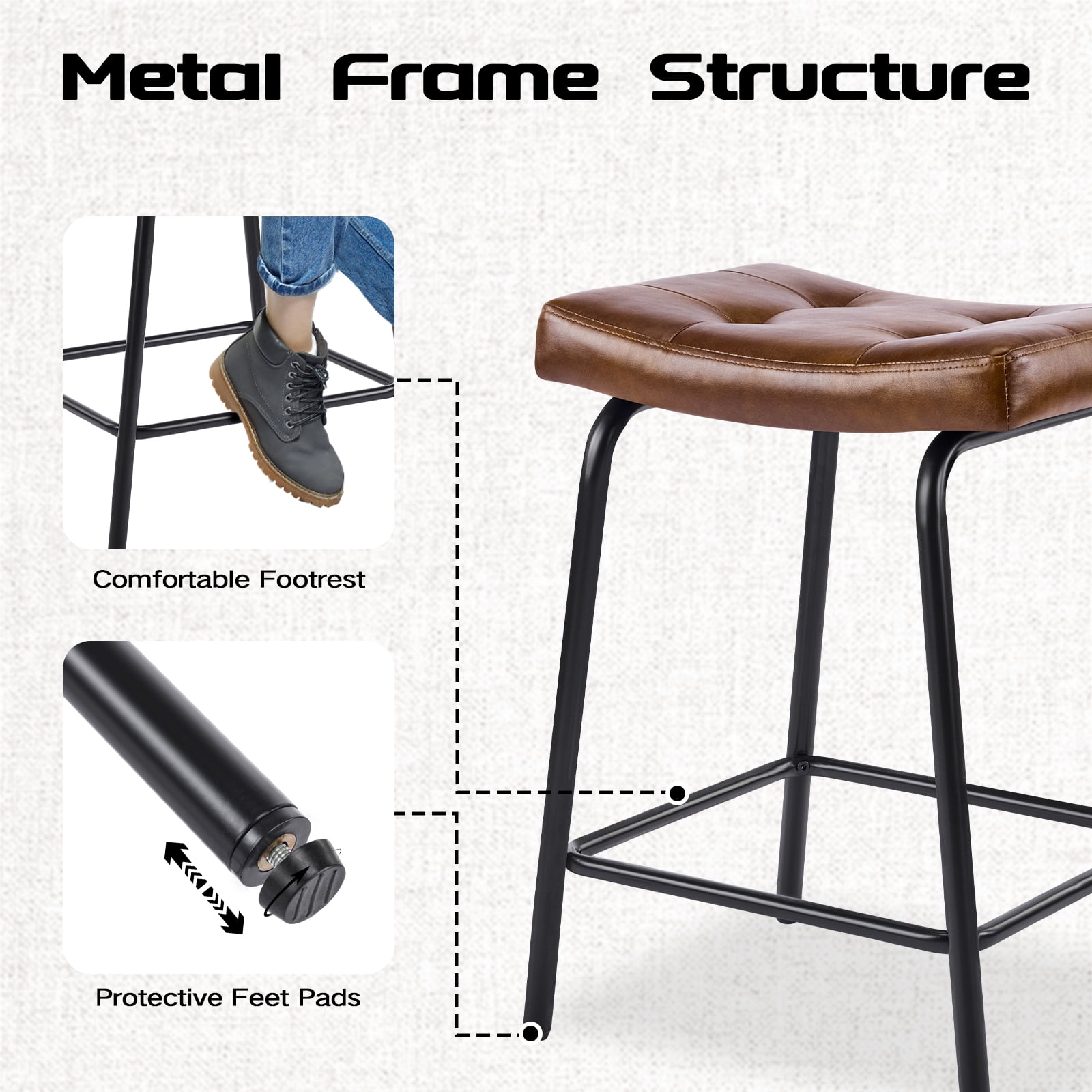 25" Saddle Counter Stools Set of 2, Tufted Faux Leather Counter Height Bar Stools with Metal Legs for Kitchen Island, Yellow Brown