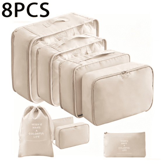 8-Piece Travel Organizer Set, Luggage Organizer, Includes Shoe Bag and Toiletry Bag, Lightweight Luggage Organizer, Washable Laundry Bag (Beige)