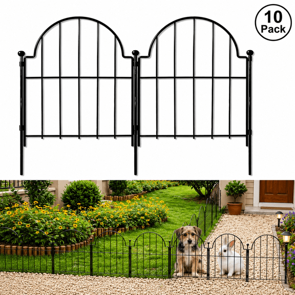 10 Pack Decorative Garden Fence, 22 in H x 10.83 ft L Rustproof Metal No Dig Fence Panels, Arched Outdoor Animal Barrier for Dogs Rabbits, Flower Beds, Yard Lawn Patio, Black
