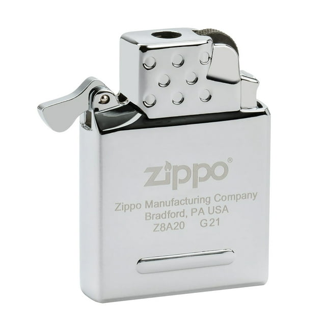 ZIPPO 65800_rA Zippo Yellow Flame Butane Insert with a sleek metal design and engraved Zippo branding. This refillable butane insert produces a yellow flame, compatible with standard Zippo lighter cases. Suitable for camping, hiking, and other outdoor activities.