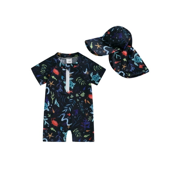 Suealasg Toddler Baby Boys Summer One Piece Swimsuit Hat 3M 6M 12M 18M 24M 2T 3T Infant Boys Long Sleeve Turtle Print Swimwear Kids Boys Rash Guard Beach Bathing Suit