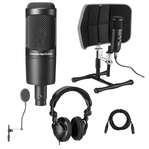 Audio-Technica AT2035 Cardioid Condenser Side-Address Microphone, - Bundle With Desktop Isolation Filter (Gray), H&A Studio Monitor Headphones, 15' XLR M to XLR F Mic Cable, On-Stage Pop Blocker