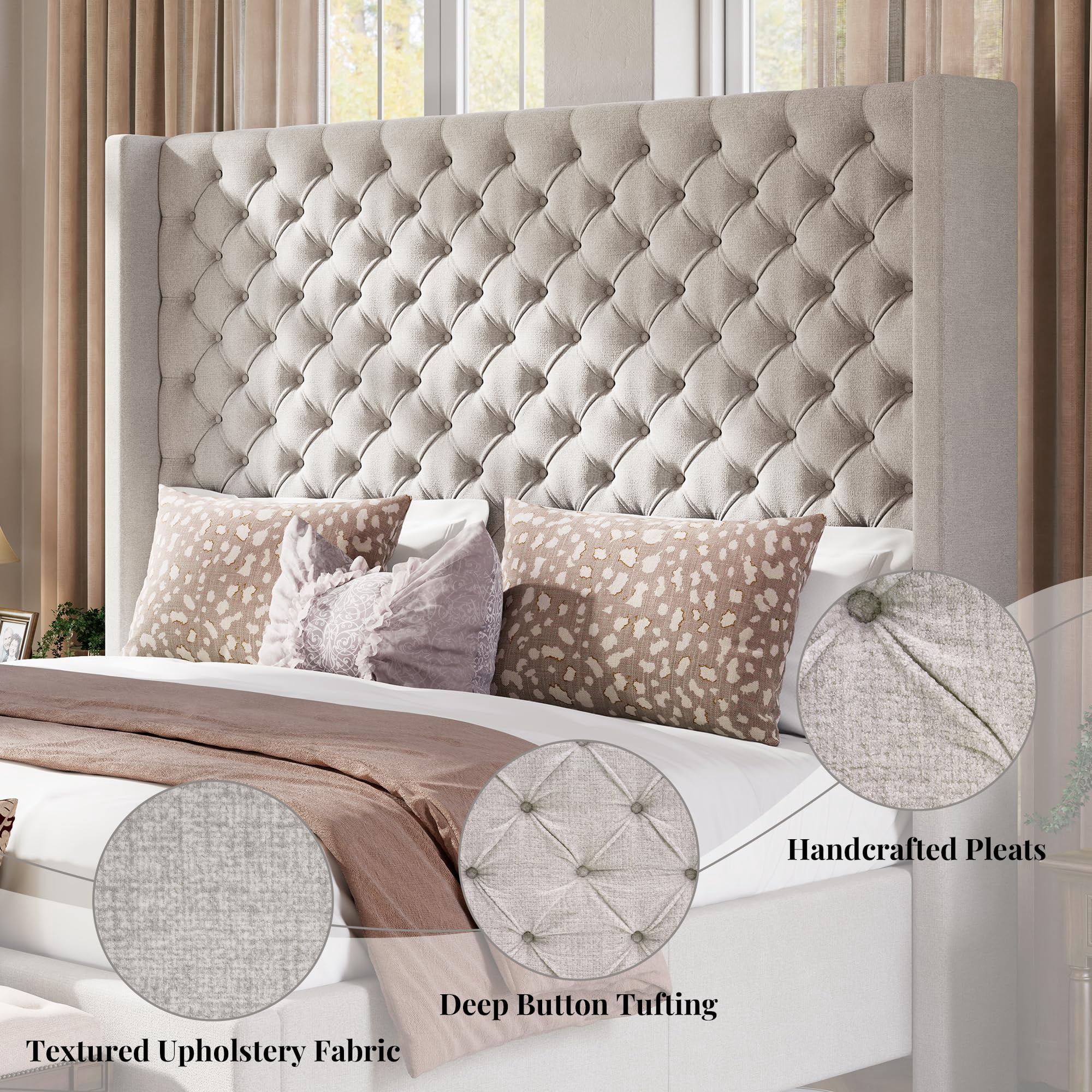 Amerlife King Size Bed Frame with 65" Tall Headboard, Upholstered Wingback Platform Design, Solid Wood Legs, Grey