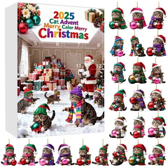 Christmas Cute Cat Countdown Sets Delightful 24 Advent Calendar for Kids 2D Cartoon Cat Ornaments and Indoor Outdoor Countdown , Christmas Decorations