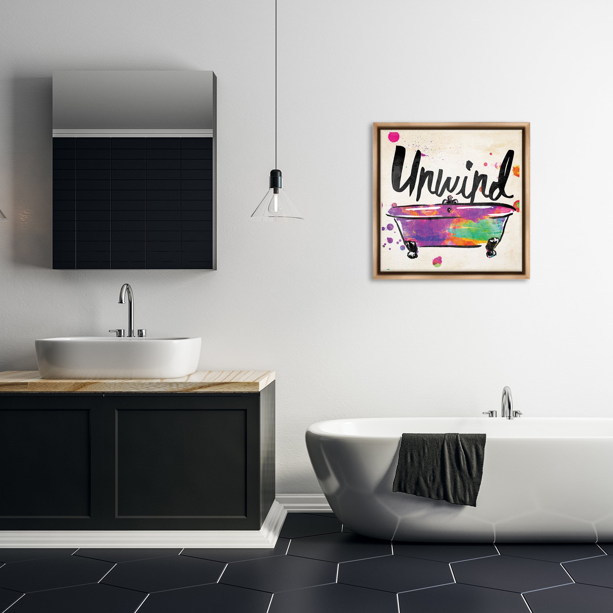 Stupell Industries Unwind Rainbow Colors Icon Bath Typography Painting Brown Floater Framed Canvas Art Print Wall Art, 25 x 25