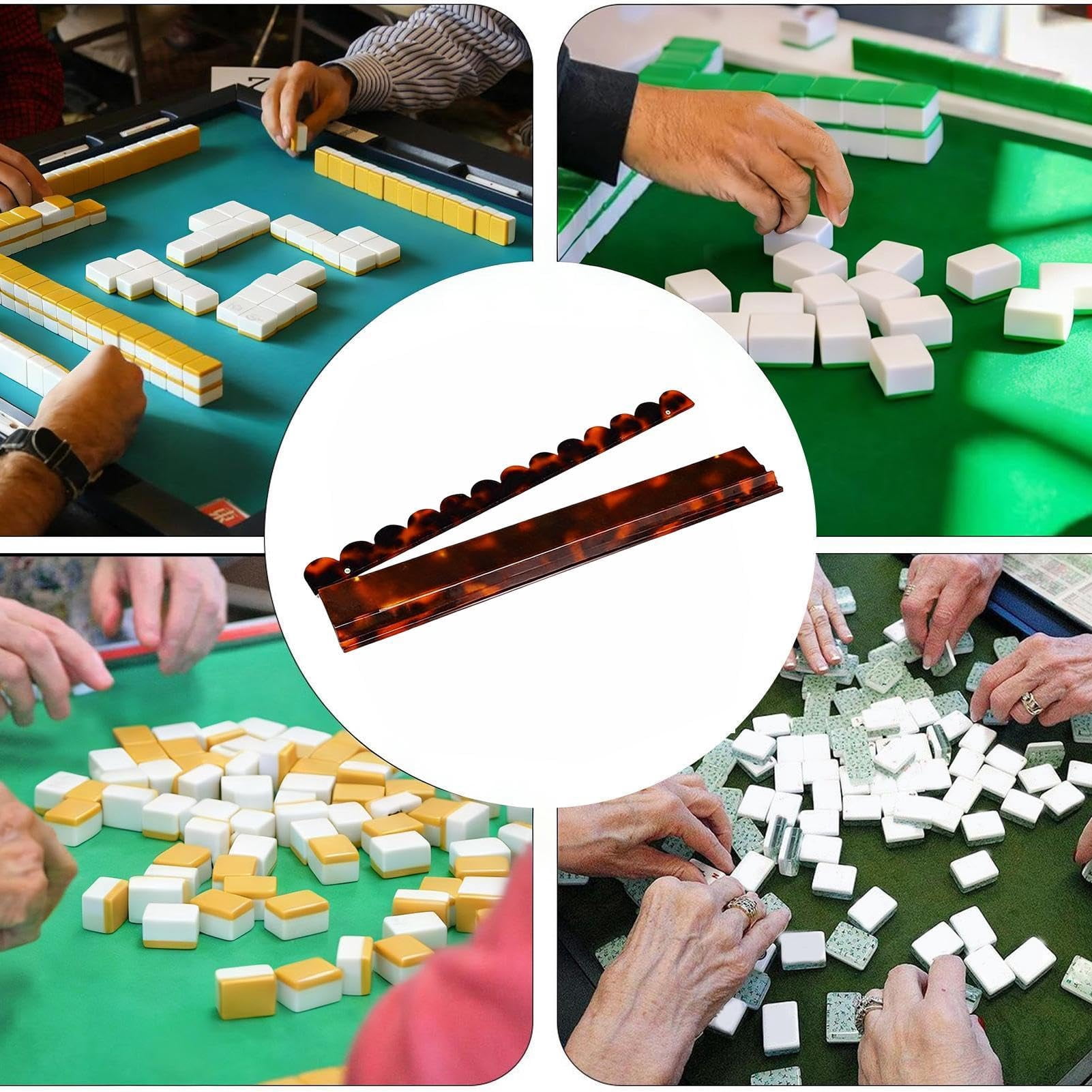Mahjong Racks with Pushers – Acrylic Tortoiseshell Magnetic Non Slip Rack Set with Scalloped Edge for Mahjong Game Accessories Home Use
