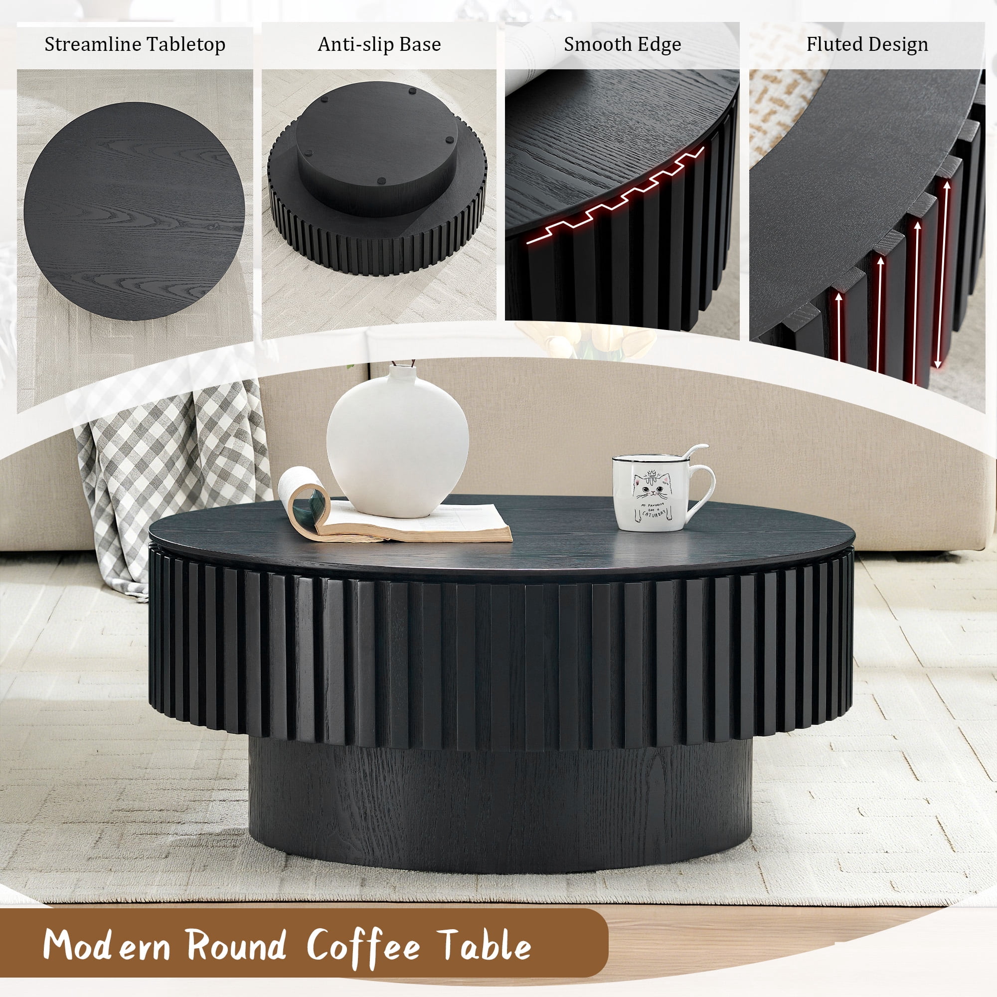 FFH 31.5" Round Coffee Table with Storage, Small Wood Coffee Table with Sturdy Pedestal for Living Room, Apartment, Black