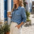 thumbnail image 4 of Danhjin Women's Button Down Denim Shirt Collared Casual Long Sleeve Shirts Tops on Clearance, 4 of 6