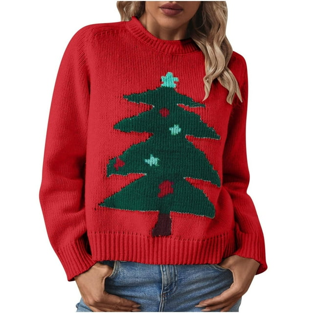 HNMKIU Chandail de Noël Festif pour Femmes avec Motif d'Arbre de Noël, Col Rond, Décontracté, Hiver, Vacances, z9103-Rouge,m