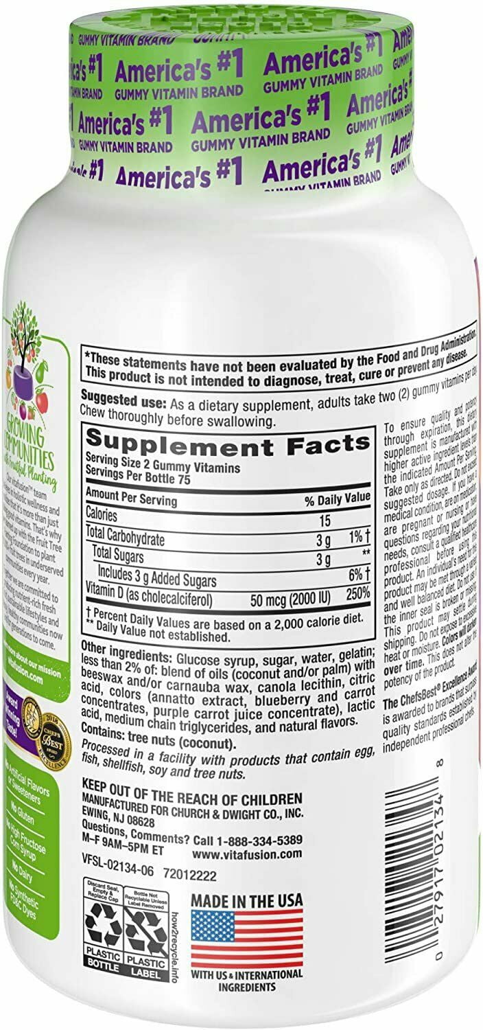 Vitafusion Vitamin D3 2000 IU Gummy Vitamins for Adults Dietary Supplement Peach, Blackberry & Strawberry Flavo (Pack of 6)