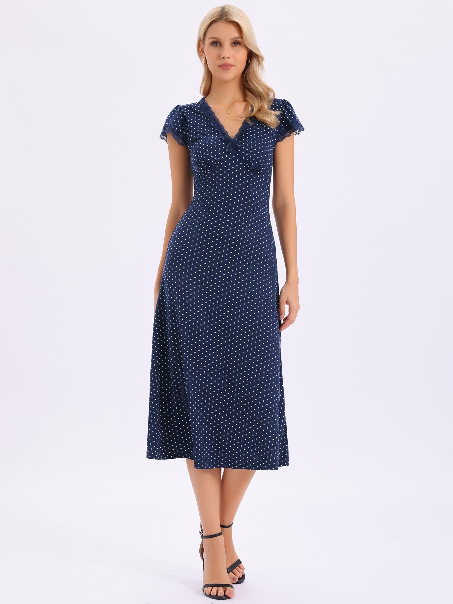 DARING DIVA Women's Polka Dots Dress Vintage Lace V Neck Casual Midi Dresses S Navy Blue