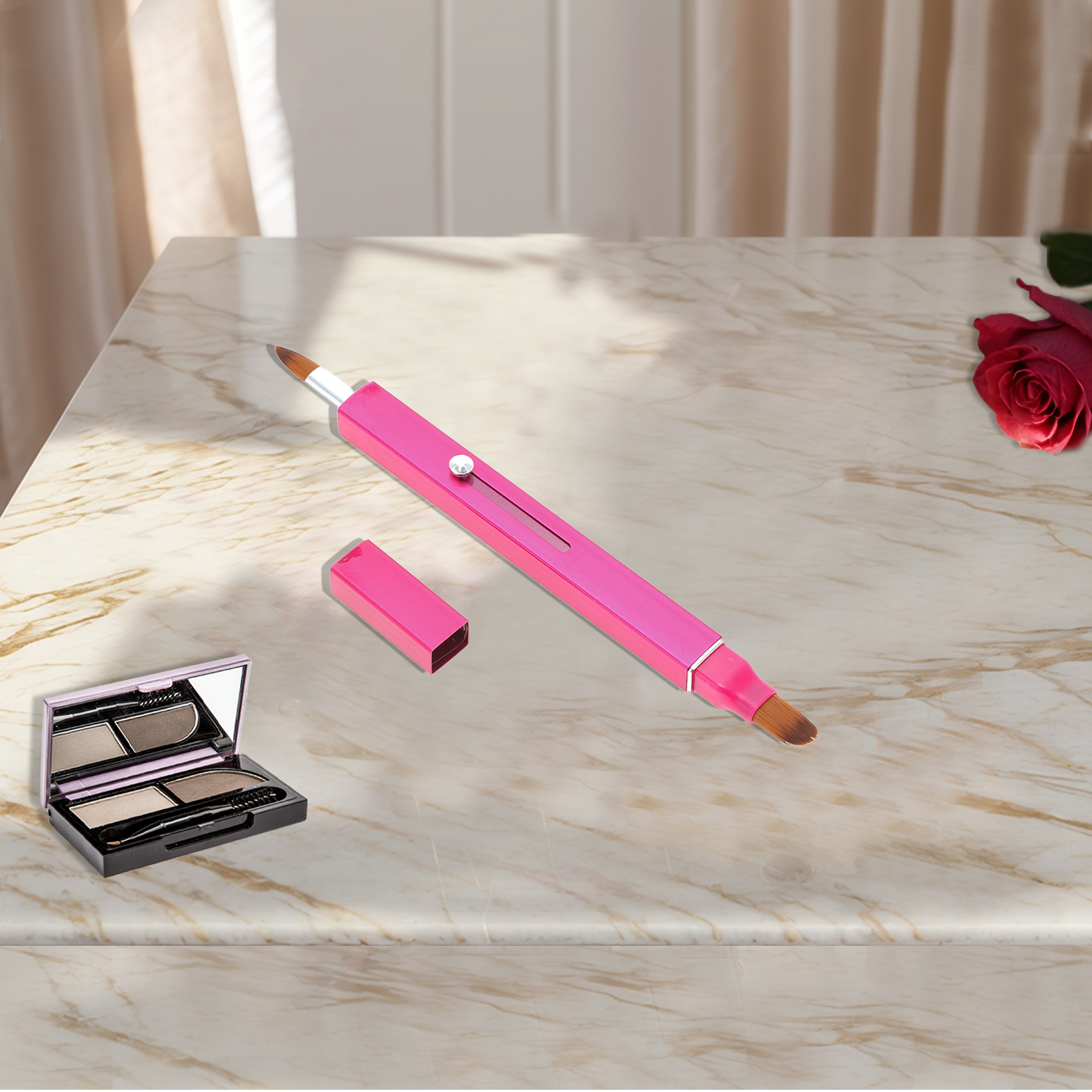 Unique Bargains 1 Pc Portable Durable Double Head Lipstick Brush for Travel Rose Red