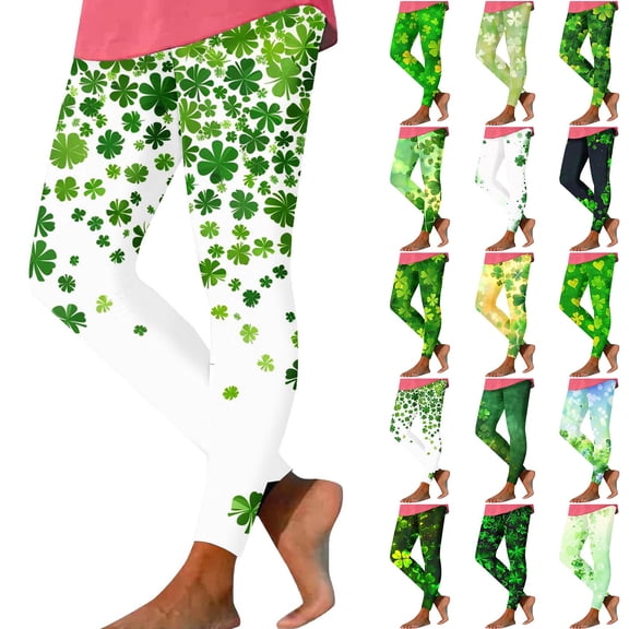 Eiyaclvo St Patricks Day Leggings for Women Shamrock Printed Stretchy Leggings Irish Green Soft High Waist Tummy Control Workout Yoga Pants