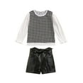 thumbnail image 1 of xiaxaixu Kids Leather Shorts Set, Elastic Cuff Houndstooth Tops Bowknot Skirt, 1 of 8