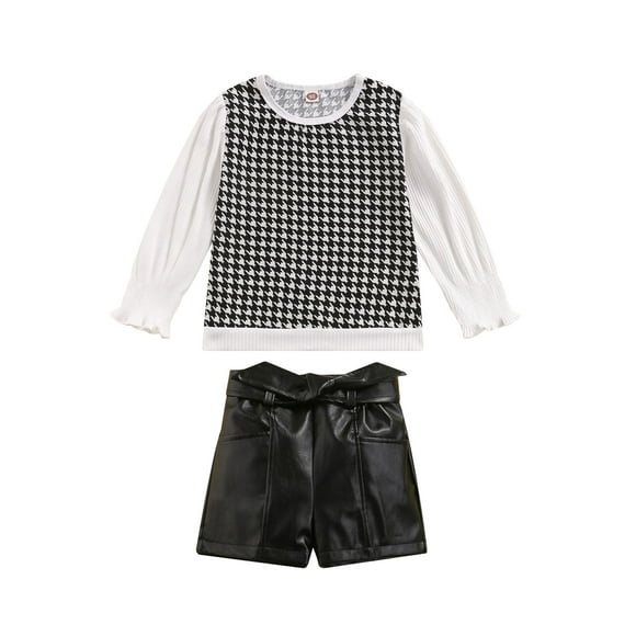 xiaxaixu Kids Leather Shorts Set, Elastic Cuff Houndstooth Tops Bowknot Skirt