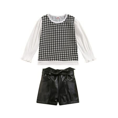 

Toddler Kids Leather Shorts Set Elastic Cuff Long Sleeve Houndstooth Tops High Waist Bowknot Waist Belt Skirt for 1-6years