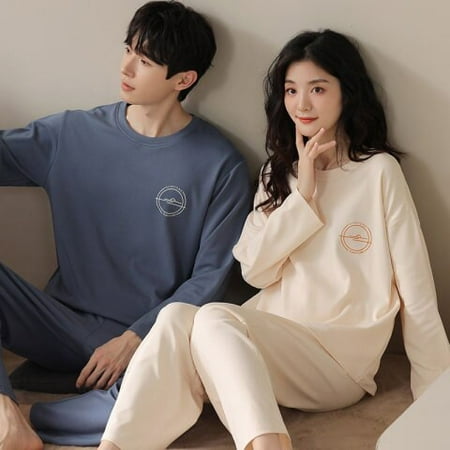 

DanceeMangoo Young Lover Pajamas Set Cotton Women Long-sleeved Autumn Winter Pyjama Loose Home Men Couple Pijama Set Sleepwear Top Men Pant