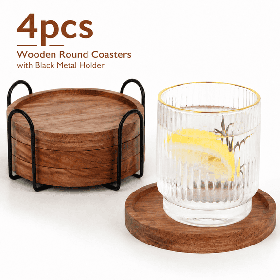 TAVENE 4 Pcs Farmhouse Wooden Coasters with Holder Cute Wood Drink Coaster Set Outdoor Beer Costers Home Decoration Coffee Table Decor Gift Cup Coaster Bar Kitchen Dining Table Accessories Modern Coa