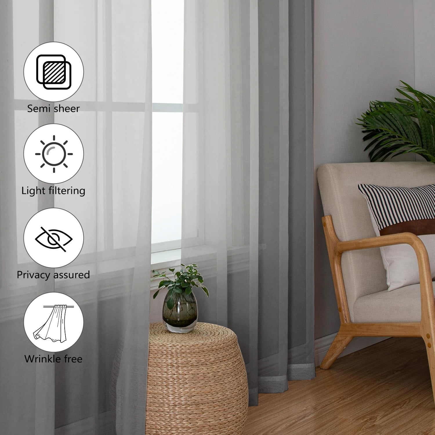 XUEYU Sheer Curtains 52" W x 96" L, Light Filtering Curtain Panels Solid Color Window Sheer Curtain Panel, Elegant Curtains & Drapes for Living Room, Bedroom 2 Panels, Gray