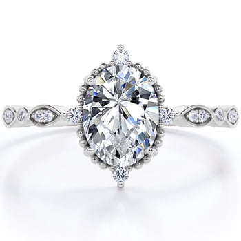 JeenMata Vintage Filigree Bezel 1.5 Carat Oval Shape Moissanite 5-Stone Milgrain Decorative Engagement Ring In 18K White Gold Plating for Women